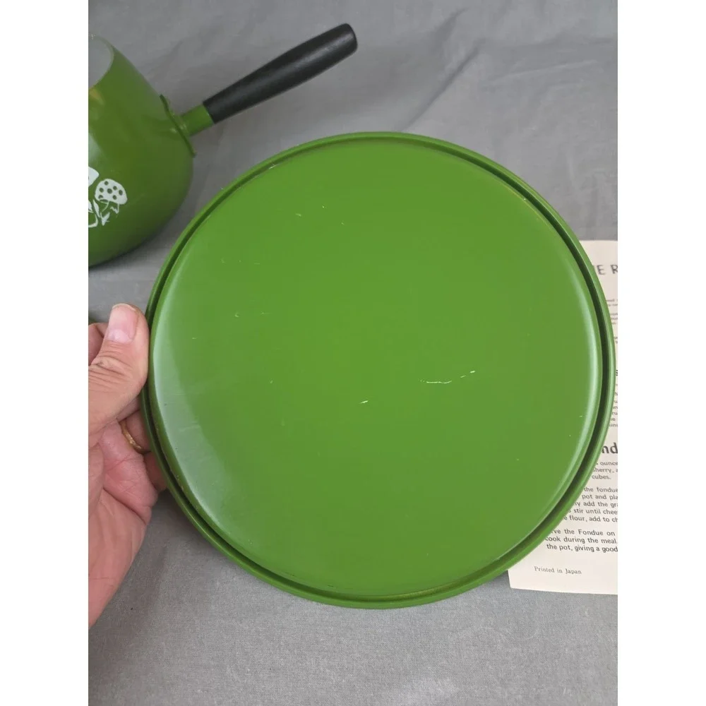 Vintage 70s Fondue Pot Avocado Green white Japan cooking pot retro mushroom